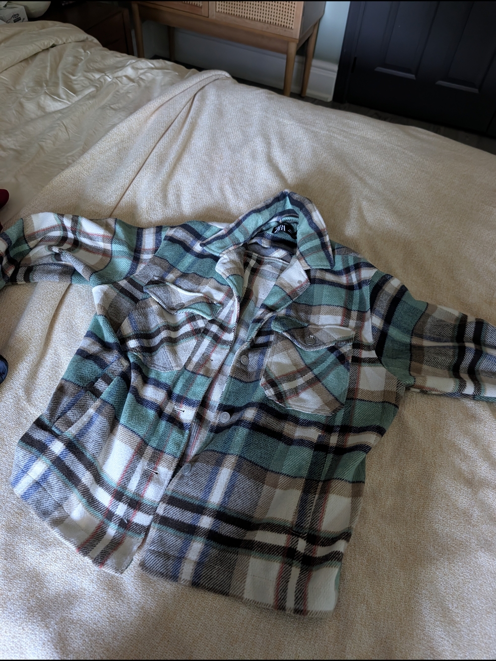 Zara Plaid Shirt Jacket in Mint, Black & Cream